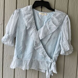Simple Retro Ballet Wrap Top – Blue Ruffle Blouse with Lining – Size Small